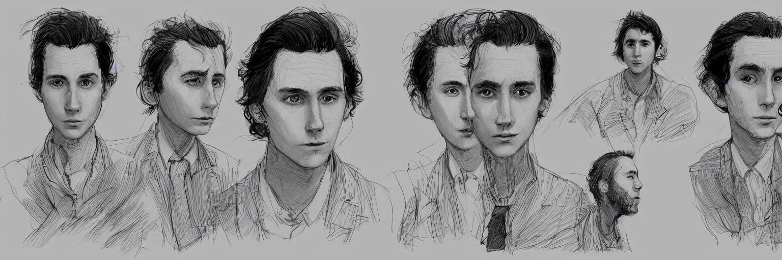Image similar to character study of julian lage and paul dano, clear faces, wild, crazy, character sheet, fine details, concept design, contrast, kim jung gi, pixar and da vinci, trending on artstation, 8 k, full body and head, turnaround, front view, back view, ultra wide angle