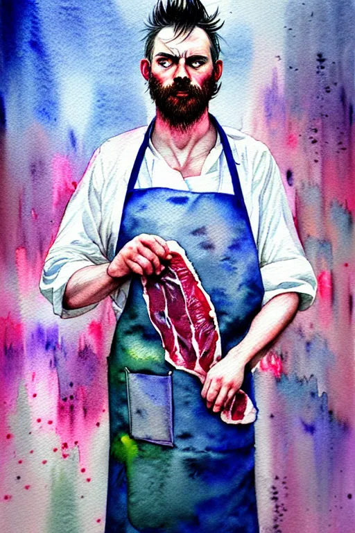 Image similar to watercolor portrait of a butcher with a white apron, raining, romantisism, outrun, pastel colors, painting, moody, detailed, by android jones