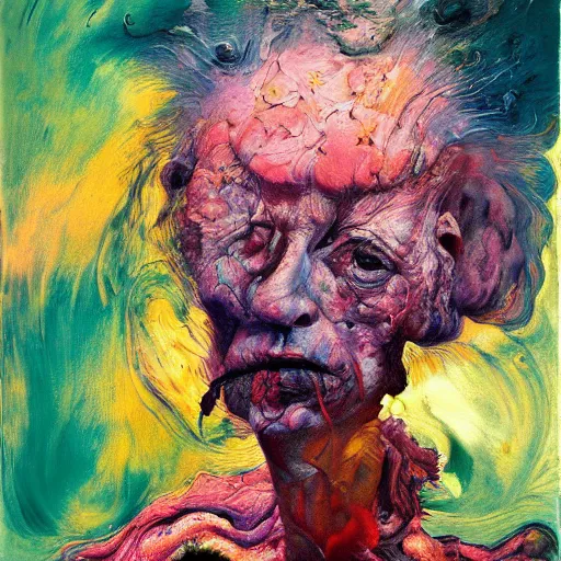 Image similar to high quality high detail expressionist painting zdzislaw beksinski by lucian freud and jenny saville and francis bacon and francisco goya and edvard munch, hd, anxiety, turquoise and purple and orange and pink