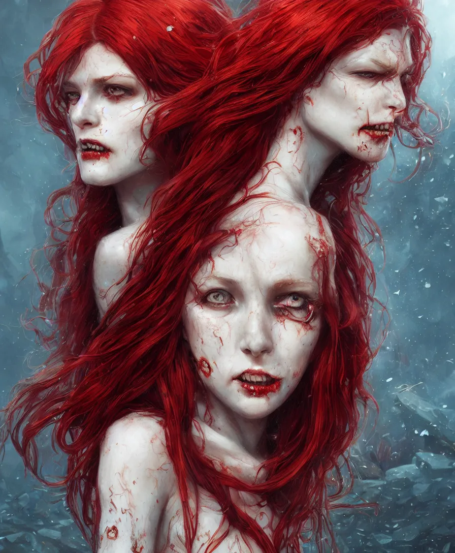 Prompt: Close-up portrait of zombie mermaid young woman with red hair, alone, D&D, fantasy, intricate, elegant, highly detailed, digital painting, trending artstation, concept art, smooth, sharp focus, illustration, art by Greg Rutkowski