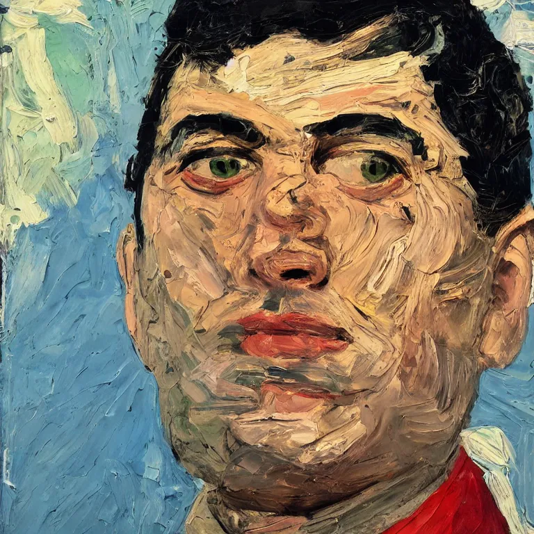 Image similar to close up studio portrait of very handsome Persian Air Force Pilot in 1967, impasto heavy brushstrokes oil painting by Lucian Freud and Tim Hawkinson and Cy Twombly, trending on artstation Studio lighting Expressionism