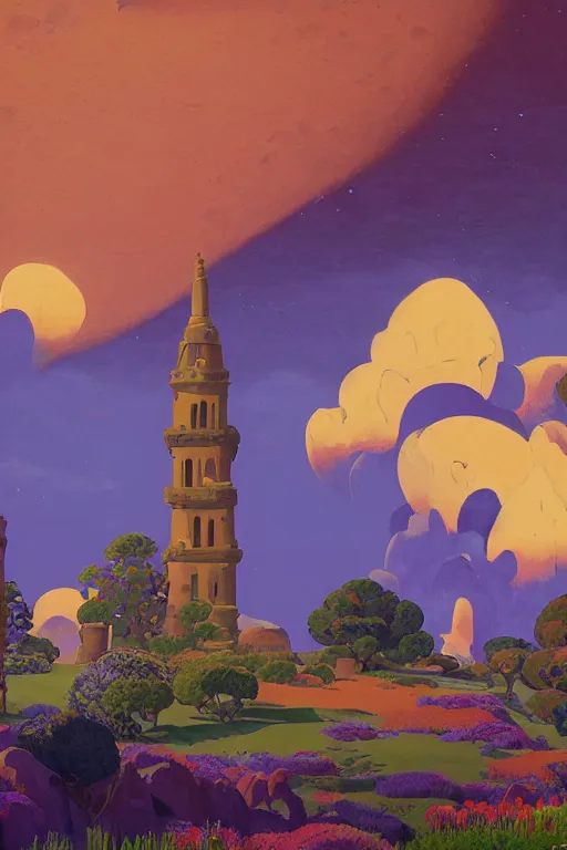 Image similar to distance view of the painted tower of the moon in its gardens fairytale illustration, tall windows, beautiful tilework, dramatic cinematic lighting, rich colors, golden age illustration, by Nicholas Roerich and Ludwig Deutsch and and Sylvain Sarrailh and April Gornik ,unreal engine