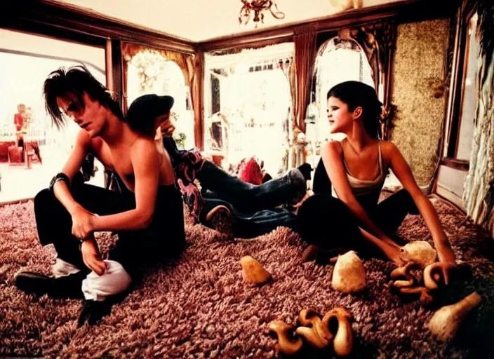 Image similar to Selena Gomez and Young Johnny Depp eating mushrooms and tripping in a shag carpet house, photograph by Annie Leibovitz