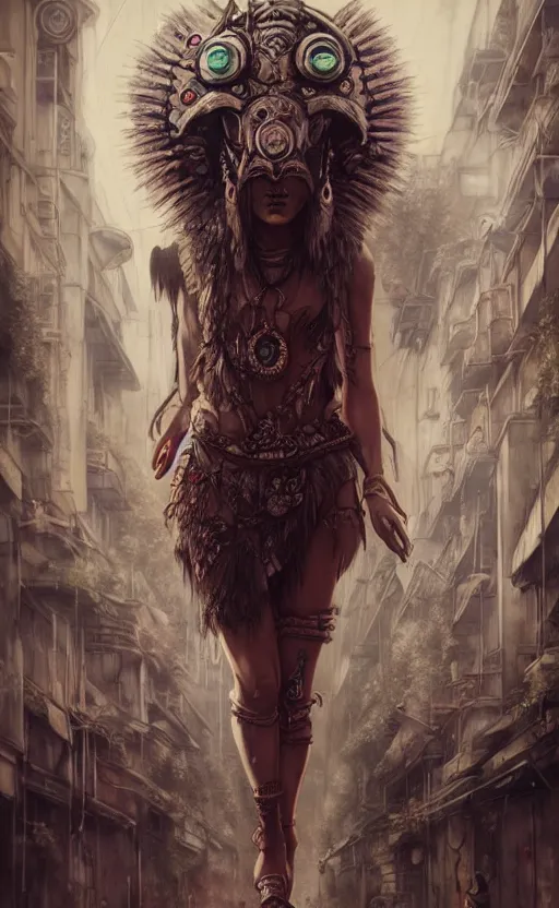 Image similar to hyper realistic Princess Mononoke ornate mask, wet market street, cyberpunk metropolis, city landscape, jewels, full body pose, full moon, style of tom bagshaw, mucha, james gurney, norman rockwell, denoised, sharp