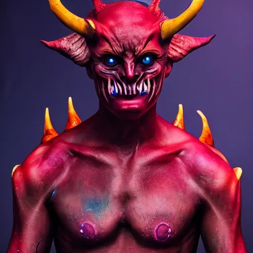 Prompt: a demon inspired by space created by the make up artist hungry, photographed by andrew thomas huang, cinematic, expensive visual effects