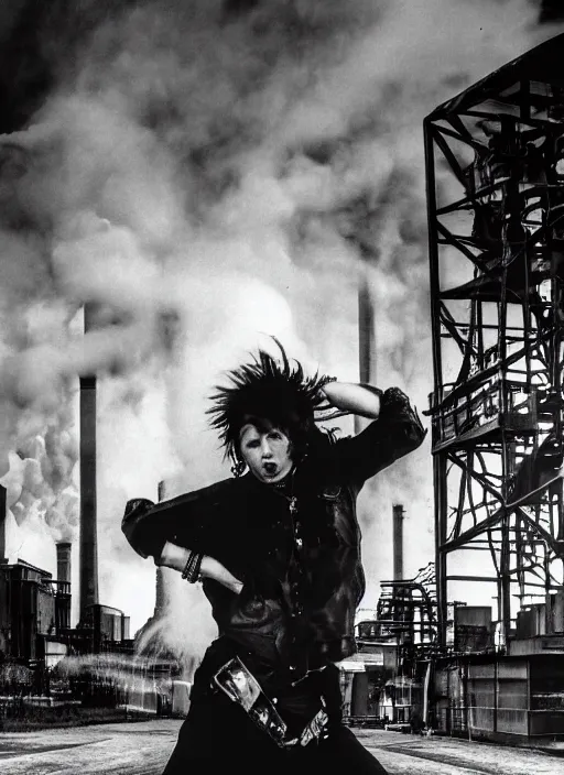 Prompt: an award winning photo of a 1980s punk holding up a huge industrial cog while being blasted with steam, photorealistic, background is abandoned power plant