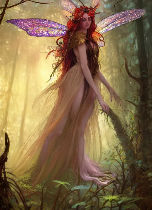 Image similar to stunningly beautiful female faerie priestess in amanita muscaria forest landscape, symmetrical wings on back, neon hair, fantasy art, wearing a dress of gossamer gold, dark light night, sharp focus, digital painting, 4 k, concept art, art by wlop, greg rutkowski and alphonse mucha, brom, face by otto schmidt