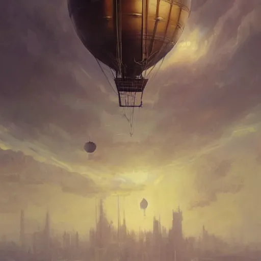 Prompt: an artistic painting of a steampunk hot air balloon floating above a dystopian sky city, midjourney, by greg rutkowski, artstation