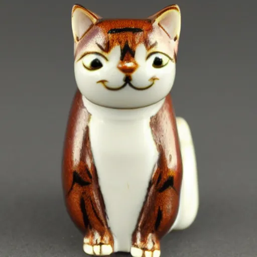 Image similar to elegant anthropomorphic cat figurine wearing a kimono, cast brown resin, toggles, very highly detailed, intricate, monotone, shy looking down