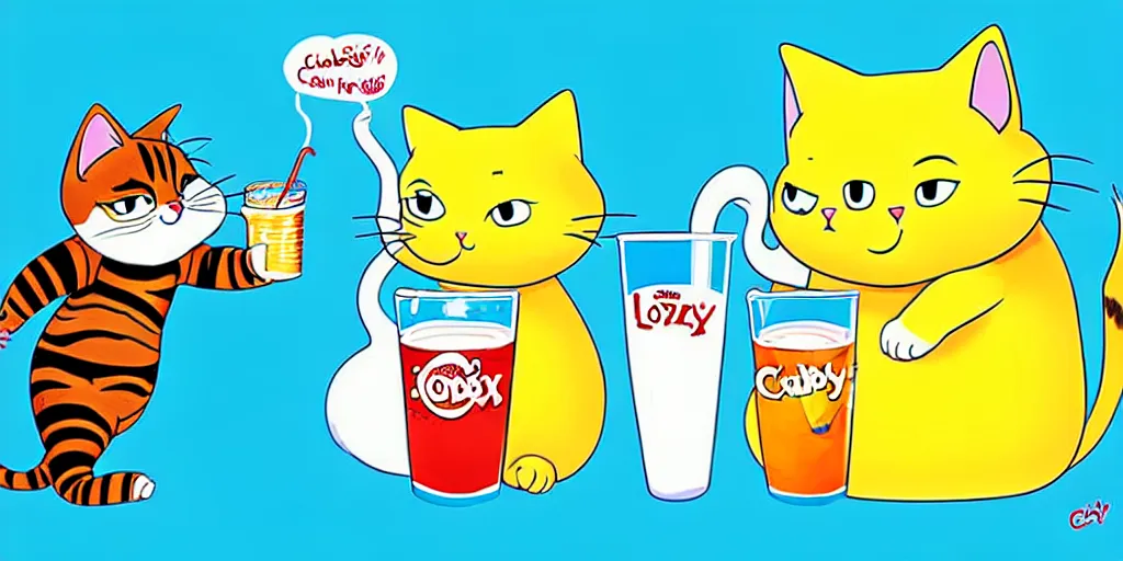 Image similar to chubby cartoon concept art, cat drinking soda, from lorax movie, spiral clouds, sam and max