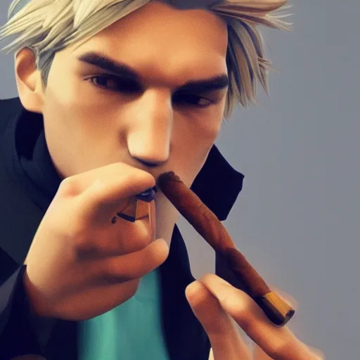 Image similar to a high quality photo of xqc smoking a cigar, 3d scene, render, ultra realistic, artstation, cgsociety