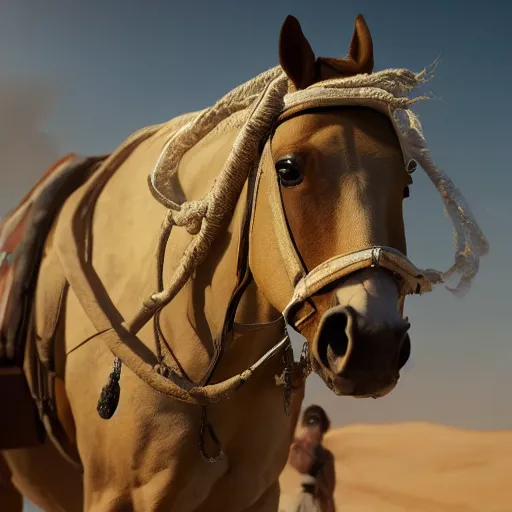 Image similar to ultra - photorealistic, middle eastern woman driving horse and handling weapon, dust, yellow cinematic, 4 k, 8 0 0 mm, uhd, vogue, winning photo of the year, sharp focus, intricate, hyperdetailed