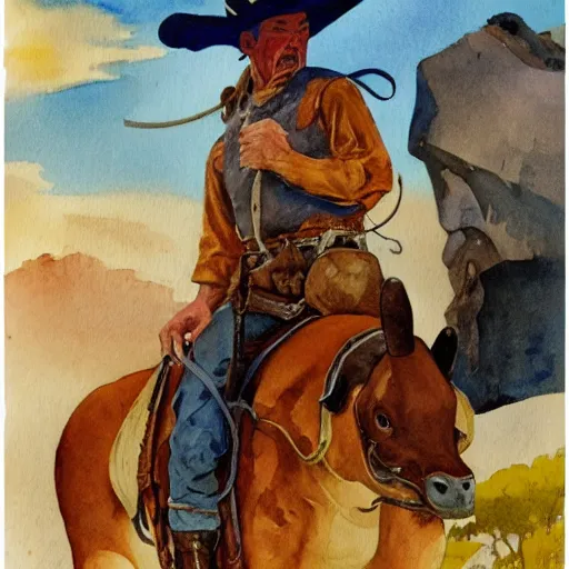 Image similar to a watercolor painting of a cowboy riding a dinosaur in the style of n. c. wyeth and in the style of james gurney.