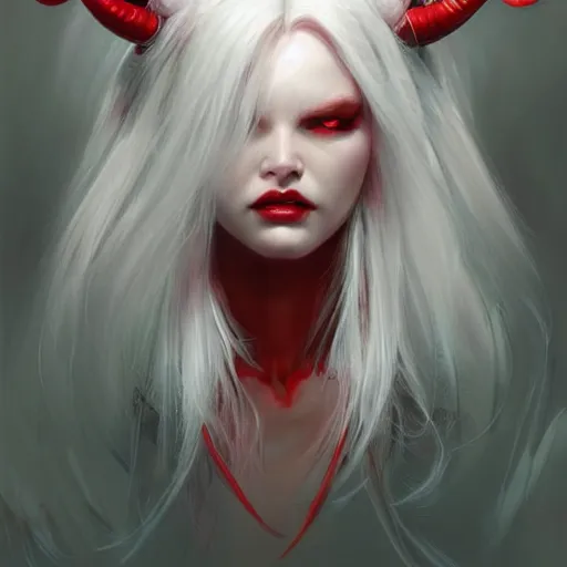 Image similar to ultra realistic illustration, dream humanoid demon girl with white hair, red horns, in white clothes, red eyes, intricate, elegant, highly detailed, digital painting, artstation, concept art, smooth, sharp focus, illustration, art by artgerm and greg rutkowski and alphonse mucha