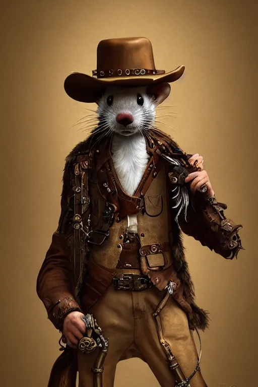 Prompt: anthropomorphic ferret steampunk cowboy, western, intricate, elegant, highly detailed, digital painting, artstation, concept art, smooth, sharp focus, contemporary fashion shoot, by edward robert hughes, annie leibovitz and steve mccurry, david lazar, jimmy nelsson, hyperrealistic, octane render