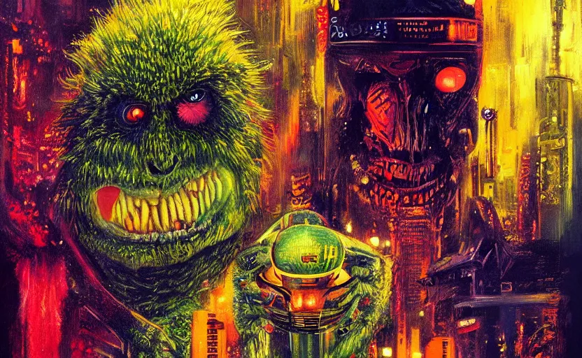 Prompt: a tennis ball monsters in blade runner, colorful, digital art, fantasy, magic, chalk, trending on artstation, ultra detailed, professional illustration by basil gogos