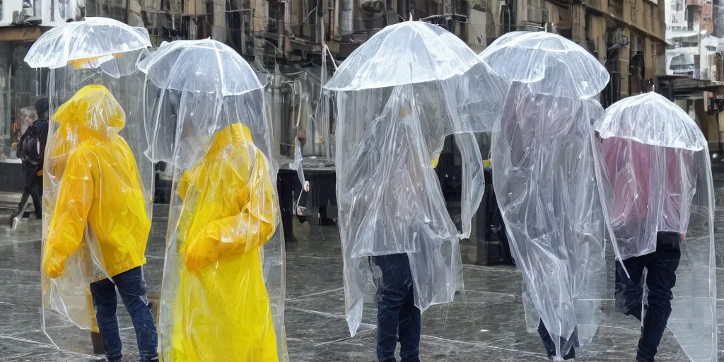 Image similar to transparent raincoats holding transparent umbrellas