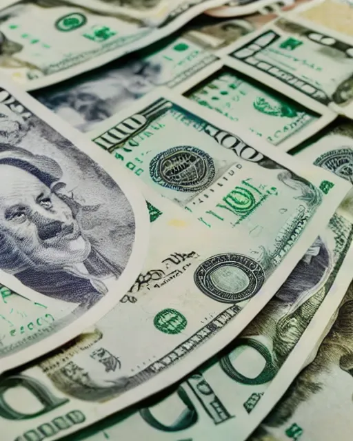 Prompt: upclose 4 k quality photography of 1 0 0 dollar bills