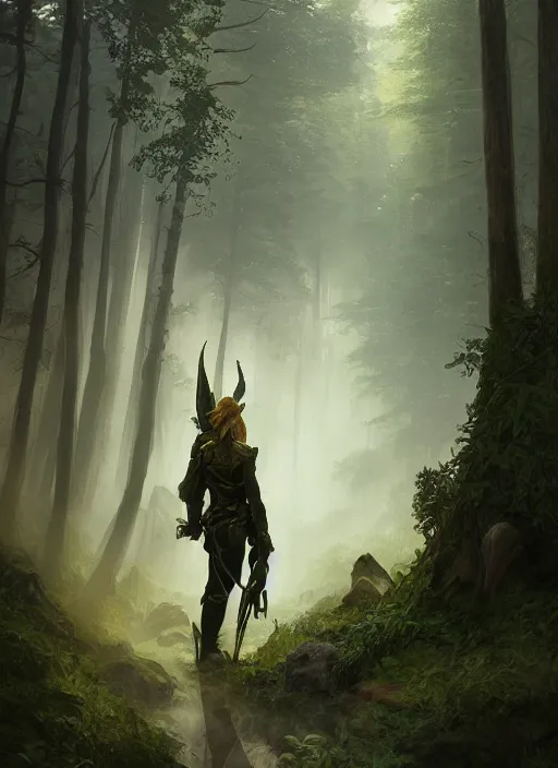 Image similar to elven soldier wearing a dark green tunic with a shield on his back standing at a forest looking for adventure in the mountains, tall trees, landscape is lush, moody sunset in background, greg rutkowski, alphonse mucha, trending on artstation, artgerm, unreal engine, breathtaking, award winning, highly detailed