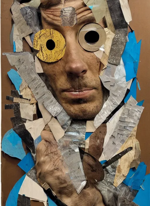 Image similar to a man with a moth mask, cardboard and scotch tape, chain, collage, acrylic on canvas, expressionism movement, breathtaking detailed, by blake neubert