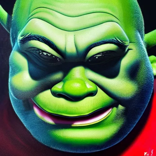 Image similar to prompt : shrek wearing a tuxedo portrait soft light painted by james jean and katsuhiro otomo and erik jones, inspired by akira anime, smooth face feature, intricate oil painting, high detail illustration, sharp high detail, manga and anime 1 9 9 9