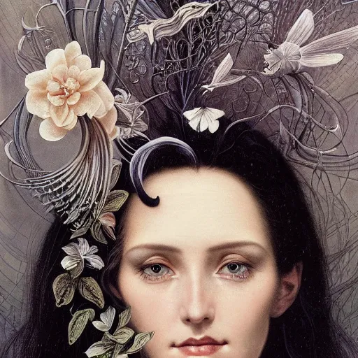 Image similar to facial portrait of a young pretty woman in flowing dress, arrogant, mysterious, long fine flowing hair, delicate, looking at camera, slightly awkward smile, realistic face, hands behind back, intricate, stylish, elegant, grimdark fantasy, flowers, extremely detailed painting by Gerald Brom and Ernst Haeckel and Greg Rutkowski