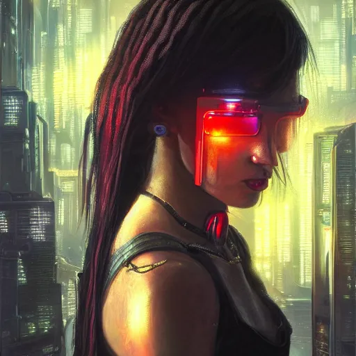 Prompt: molly millions, closeup portrait of a young beautiful cyberpunk woman, eye implants, black hair in a rough shag, sunset, neuromancer, street samurai, cyberpunk city background, megacity, gorgeous view, depth, painted by seb mckinnon, high detail, digital art, painted by greg rutkowski, trending on artstation