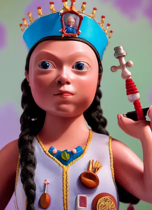 Image similar to closeup face profile portrait of tin toy greta thunberg as a nurse princess wearing a crown eating cakes, bikini, depth of field, zeiss lens, detailed, symmetrical, centered, fashion photoshoot, by nicoletta ceccoli, mark ryden, lostfish, breathtaking, 8 k resolution, extremely detailed, beautiful, establishing shot, artistic, hyperrealistic, octane render