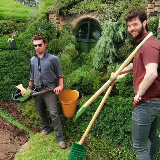 Image similar to handsome attractive hobbit dudes doing fantasy yardwork