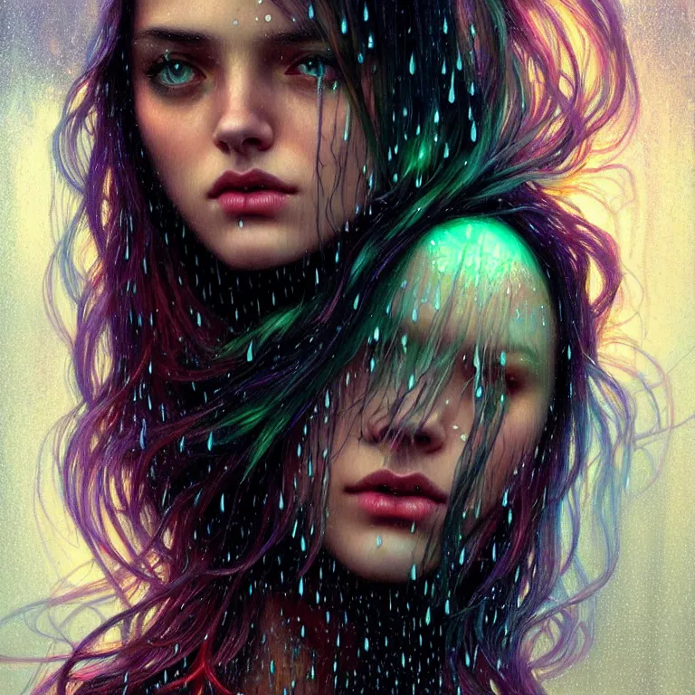 Image similar to bright asthetic portrait LSD glowing backlit rain on face and wet hair, fantasy, intricate, elegant, dramatic lighting, highly detailed, lifelike, photorealistic, digital painting, artstation, illustration, concept art, smooth, sharp focus, art by John Collier and Albert Aublet and Krenz Cushart and Artem Demura and Alphonse Mucha