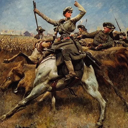 Prompt: action heroine leading a ww 1 army, by alfred stevens