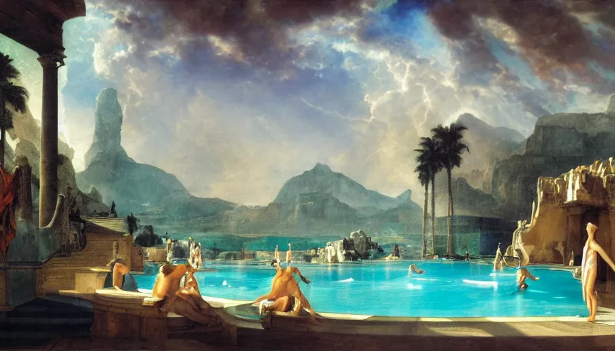 Image similar to A pool inside the giant Palace, mediterranean balustrade and columns, refracted lines and sparkles, thunderstorm, greek pool, beach and Tropical vegetation on the background major arcana sky and occult symbols, by paul delaroche, hyperrealistic 4k uhd, award-winning, very detailed paradise