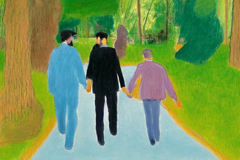 Image similar to a very tall man named John with dark hair holding the hands of a short young boy named Alex with dark hair as they walk in a park on a bright beautiful colorful day. part in the style of an edgar degas painting. part in the style of david hockney