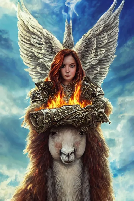 Image similar to A beautiful fierce llama angel with wings, wearing metal battle armor and a flaming sword, among heavenly sunlit clouds, close-up, intricate anthro llama portrait, elegant, digital painting, golden hour photo, cinematic, trending on artstation, anthro concept art, smooth, sharp focus, llama, illustration, art by artgerm and Greg Rutkowski and Alphonse Mucha, daily deviation, llama