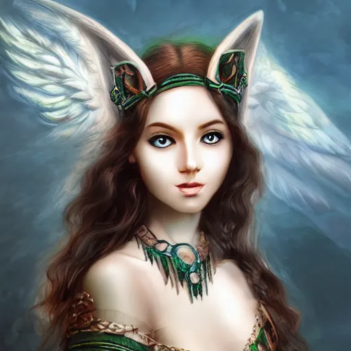 Prompt: fantasy portrait angel cat with emerald in head looking towards camera, high detail, digital art, beautiful , concept art,fantasy art, 4k