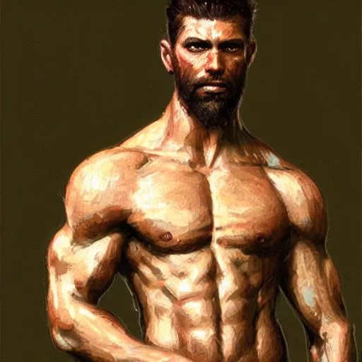 Prompt: young solider by a river, playful, male, muscular, green eyes, straight nose, beard, detailed face, gorgeous, amazing, muscular, intricate, highly detailed, painting by Gaston Bussiere, Craig Mullins