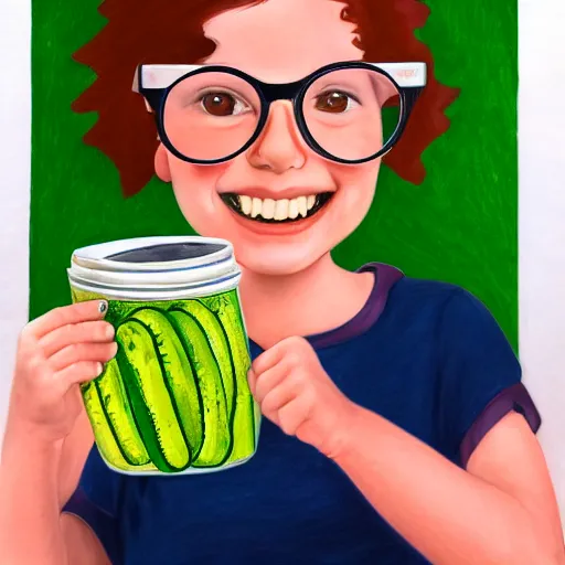 Prompt: pencil drawing of a smiling girl with short grey red hair and dark rim glasses, she is proudly holding a fido jar into the camera. close up photo. the fido jar is filled with big green pickles, by benoit mandelbrot