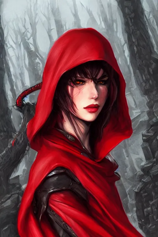 Prompt: thief red riding hood, d & d, fantasy, portrait, highly detailed, headshot, digital painting, trending on artstation, concept art, sharp focus, illustration, art by artgerm and travis charest