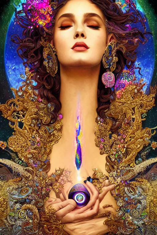 Image similar to psychedelic, intricate, highly detailed, digital painting, 4k, illustration, gorgeous seductive Goddess holding a black cube hovering above the sea, with professional makeup, long trippy hair, surrounded by gems, underneath the stars, trending on patreon, deviantart, twitter, artstation, volumetric lighting, heavy contrast, by artgerm and Greg Rutkowski and alphonse mucha