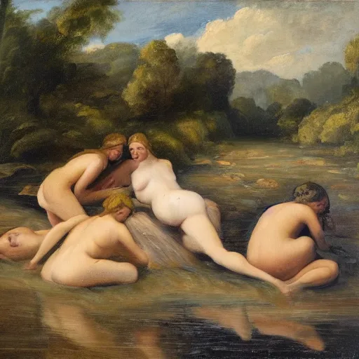 Image similar to The conceptual art depicts four bathers in a stream or river, with two men and two women. The bathers are shown in different positions, with one woman lying down and the other three standing. The conceptual art has a very naturalistic style, with trademark use of bold colors and brushstrokes. The overall effect is one of a peaceful scene, with the bathers enjoying the refreshing water. cool orange by Philip Treacy, by David Burliuk, by Mary Blair