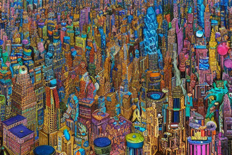 Image similar to hyper detailed nightmare cityscape in 3d collaboration with dan mumford and Louis Wain (1920)