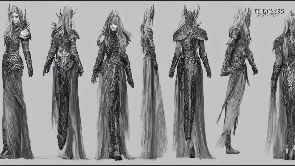 Image similar to concept art sheet, photorealistic symmetrical beautiful young female priestess with shiny hair wearing full intricate clothing, intricate, cg society, Elden Ring, darksouls, bloodborne