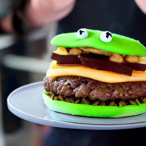 Image similar to A Kermit the Frog themed cheeseburger