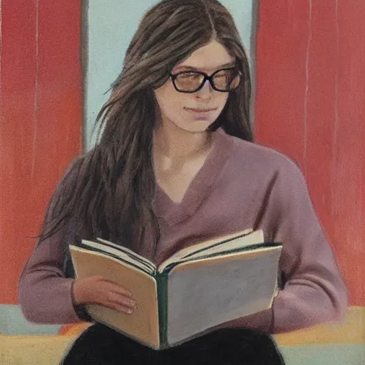 Prompt: a girl reading a book, hair flowing down, by jeff bridges