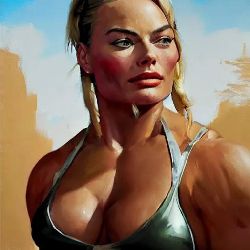 Prompt: greg manchess portrait of margot robbie as thick female bodybuilder lara croft wearing red armour in disco elysium, epic grimdark, fantasy, medium shot, asymmetrical, profile picture, organic painting, sunny day, matte painting, bold shapes, hard edges, street art, trending on artstation, by huang guangjian and gil elvgren and sachin teng