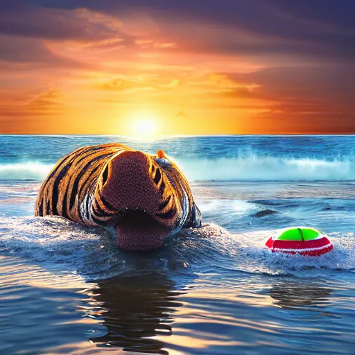 Image similar to a closeup photorealistic photograph of a cute smiling knitted tiger hippopotamus chasing after beachballs during sunset. surf in background. professional capture. this 4 k hd image is trending on artstation, featured on behance, well - rendered, extra crisp, features intricate detail, epic composition and the style of unreal engine.