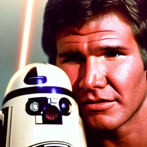 Image similar to film still of teenage harrison ford in new star wars movie, dramatic lighting, highly detailed face, kodak film, wide angle shot,