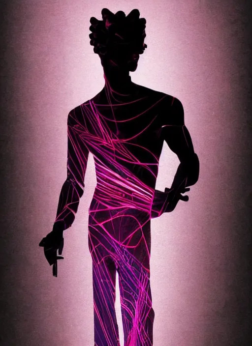 Image similar to elegant dark design poster showing a beautiful greco roman statue, black background with very subtle red and purple design elements, bold, powerful, nekro, vito acconci, thin straight purple lines, dark, glitch art, neo vaporwave, gritty, layout frame, square, trending on artstation