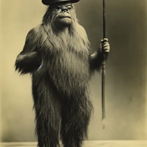 Image similar to a vintage wet plate portrait of a dignified bigfoot with a top hat and cane, extremely detailed, by edward s. curtis!!!!!!!!!!!!!!!!!!