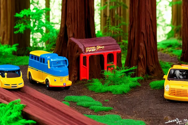 Image similar to fisher price redwood forest, california scene from tv show hyper detailed 5 5 mm 8 5 mm, toy photography, made out of plastic